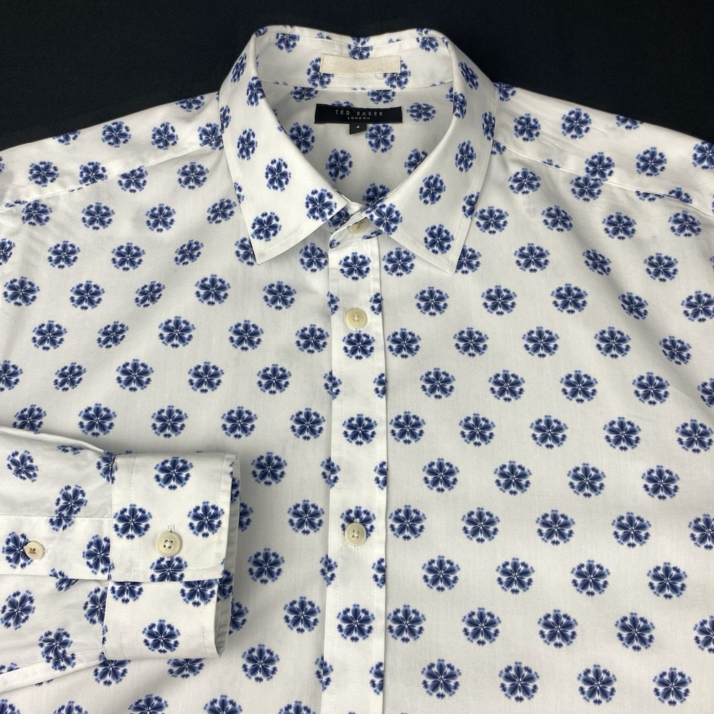 Ted Baker Dress Shirt Mens (4) Large White w/Blue Floral Print Long Sleeves